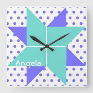 Blue Pale Star Quilt Block Pattern Square Wall Clock