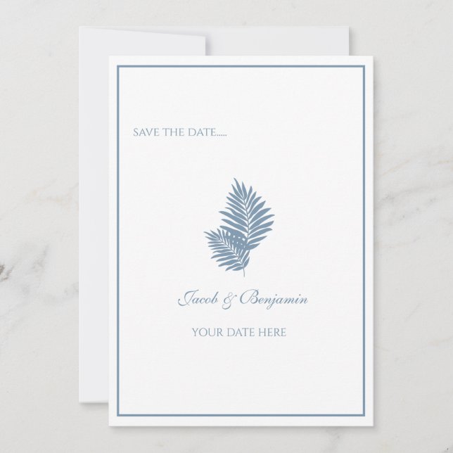 Blue Palm Flat Save The Date Card (Front)