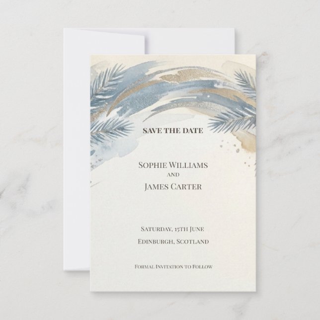 Blue Palm Leaf Save The Date Card (Front)