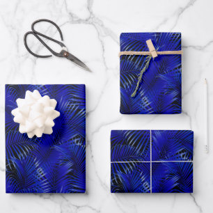 Blue Palm Leaves on Black Tropical Wrapping Paper Sheet