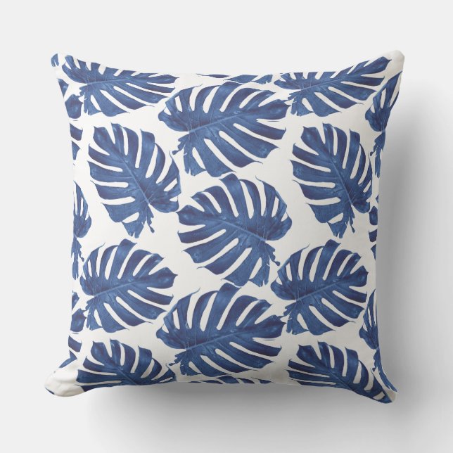 Blue palm leaves throw pillow (Front)