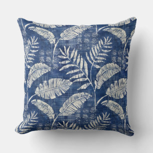 Blue Palm Leaves Throw Pillow