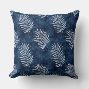 Blue Palm Leaves Throw Pillow