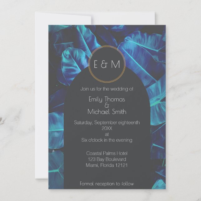 Blue Palm Modern Wedding Invitation (Front)