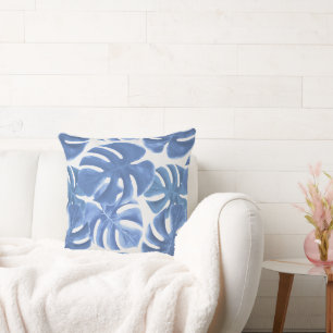 Blue palm monstera leaves throw pillow