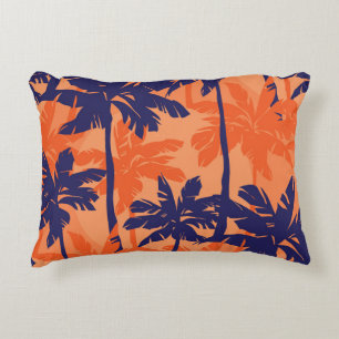 Blue palm silhouette, orange background accent pillow