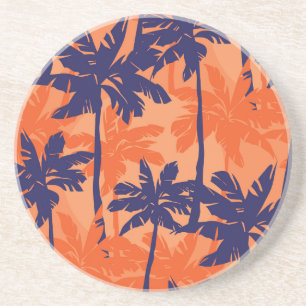 Blue palm silhouette, orange background coaster