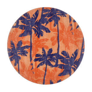 Blue palm silhouette, orange background cutting board