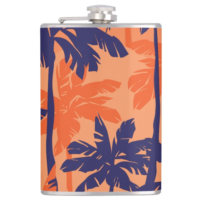 Blue palm silhouette, orange background hip flask (Front)