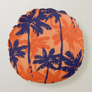 Blue palm silhouette, orange background round pillow