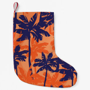 Blue palm silhouette, orange background small christmas stocking