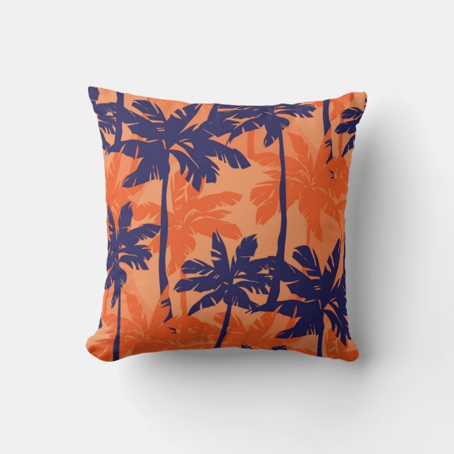 Blue palm silhouette, orange background throw pillow (Front)