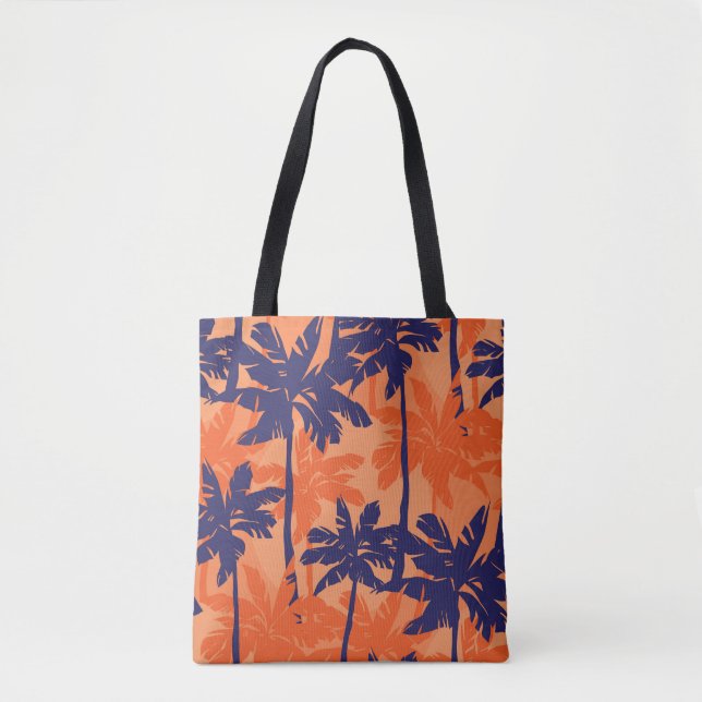 Blue palm silhouette, orange background tote bag (Front)