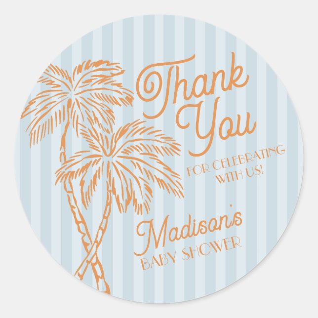 Blue Palm Spring Pastel Beach Baby Shower Favour Classic Round Sticker (Front)
