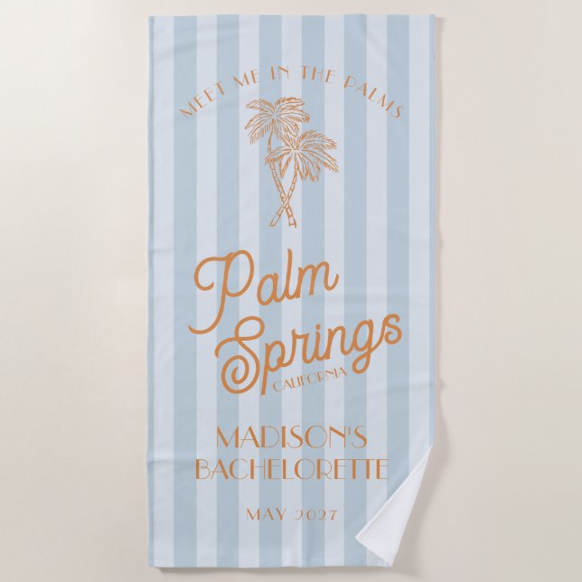 Blue Palm Spring Pastel Beach Bachelorette Party Beach Towel (Front)