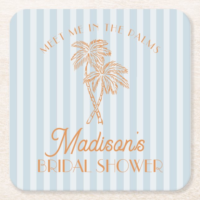 Blue Palm Spring Pastel Beach Bridal Shower Square Paper Coaster (Front)