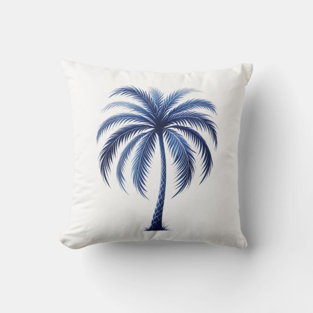 Blue Palm Tree Coastal Beach Throw Pillow (Front)