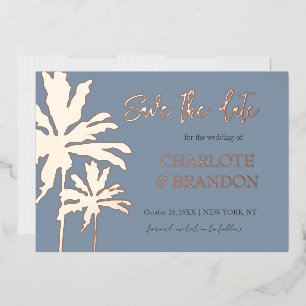Blue Palm Trees Beach Wedding Save The Date Gold