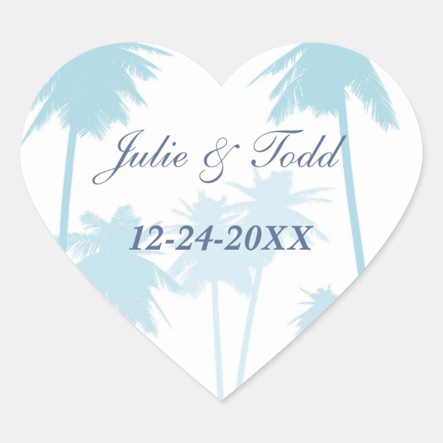 Blue Palm Trees Tropical Wedding Heart Sticker (Front)