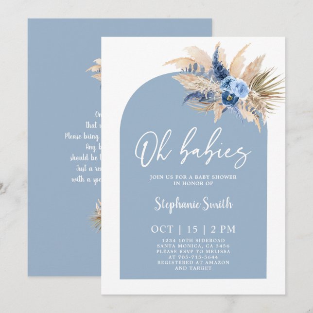 Blue Pampas Grass Baby shower Twin Boys Invitation (Devant / Derrière)