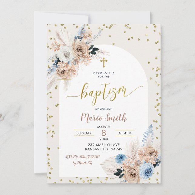Blue Pampas Grass Boho Baptism Invitation (Front)