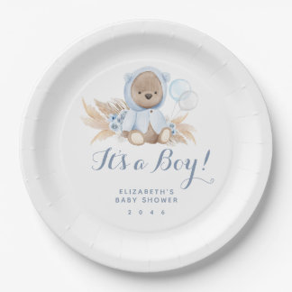 Blue Pampas Grass Boho Bear Baby Shower Paper Plat Paper Plate