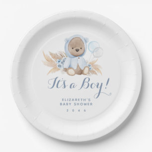 Blue Pampas Grass Boho Bear Baby Shower Paper Plat Plate