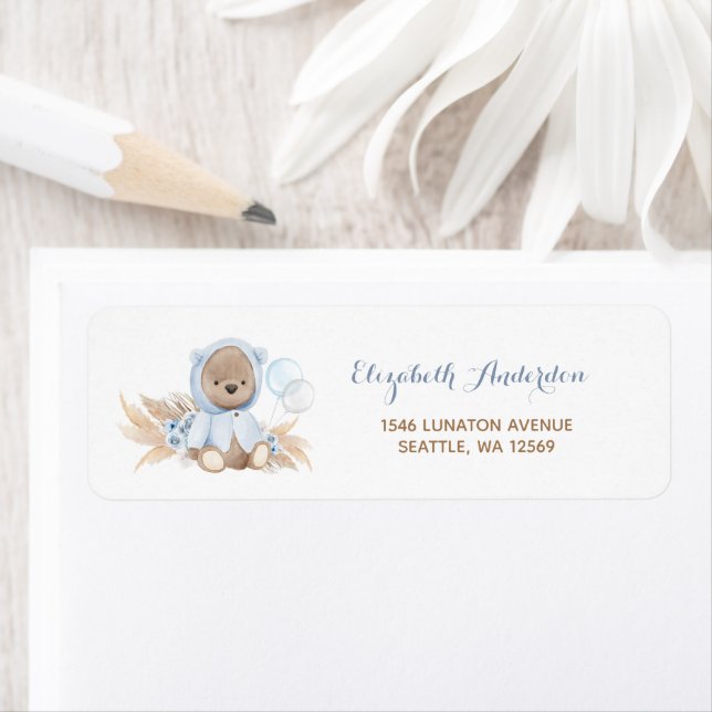 Blue Pampas Grass Boho Teddy Bear Étiquettes de ad (En situation)