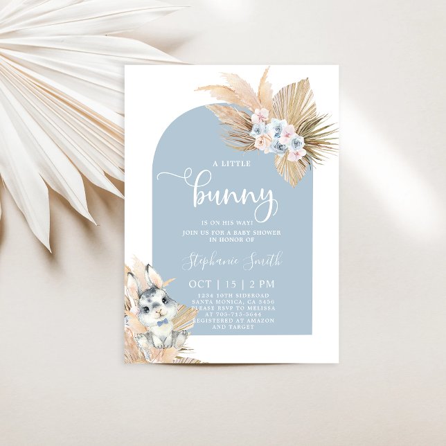 Blue Pampas Grass Boy Bunny Rabbit Baby Shower Invitation (Creator Uploaded)