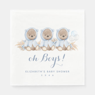 Blue Pampas Grass Triplet Bear Baby Shower Napkins