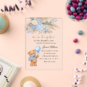 Blue Pampas Teddy Bear Roses Baby Shower Acrylic Invitations
