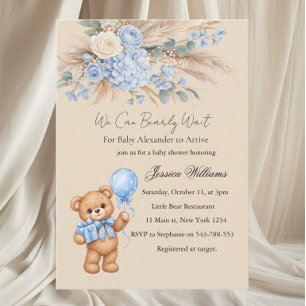Blue Pampas Teddy Bear Roses Baby Shower Invitation