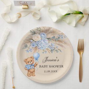 Blue Pampas Teddy Bear Roses Baby Shower Paper Plate