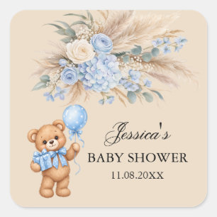 Blue Pampas Teddy Bear Roses Baby Shower Square Sticker
