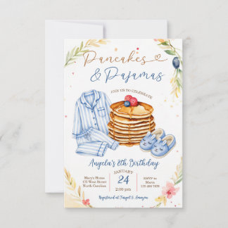 Blue Pancakes and Pyjamas Birthday Party Invitation