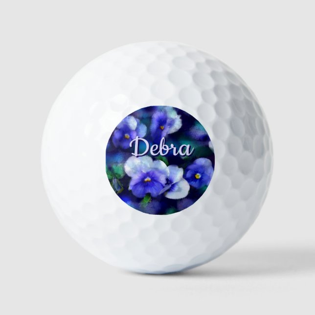 Blue Pansies Pansy Flower Floral Personalized Golf Balls (Front)