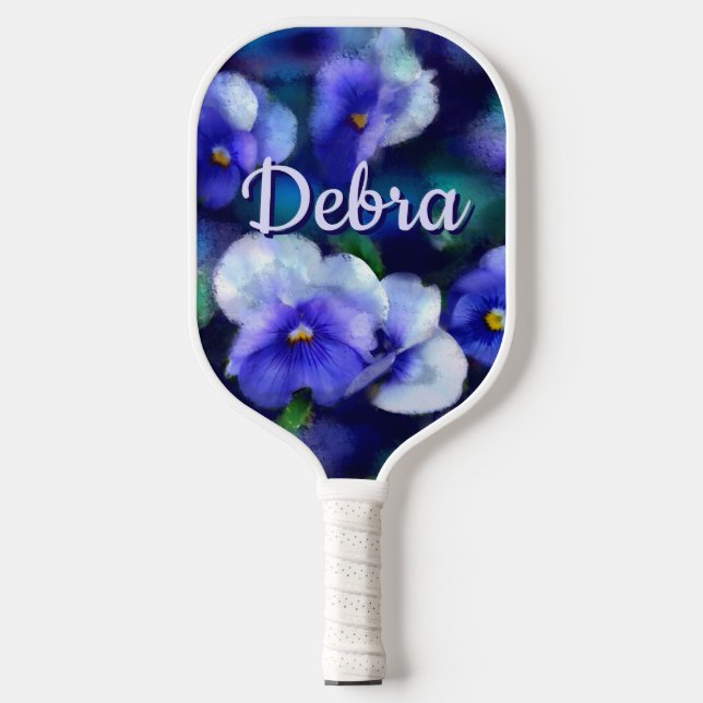 Blue Pansies Pansy Flower Floral Personalized Pickleball Paddle (Front)