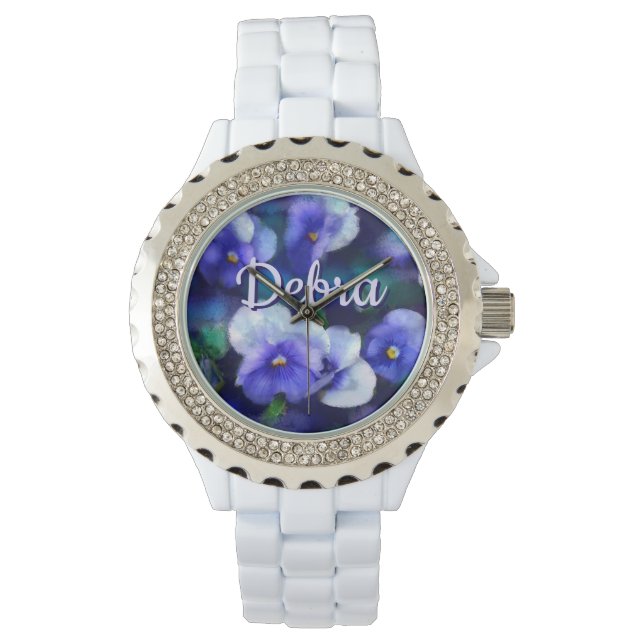 Blue Pansies Pansy Flower Floral Personalized Watch (Front)