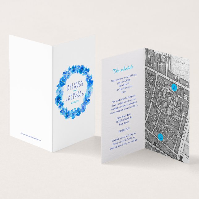Blue pansy art wedding details schedule map (Inside and Outside)