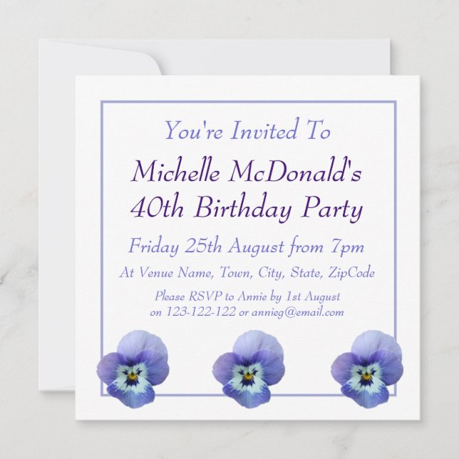 Blue Pansy Birthday Invitation (Front)
