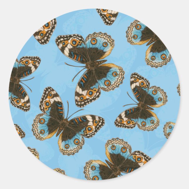 Blue Pansy Butterfly pattern Classic Round Sticker (Front)