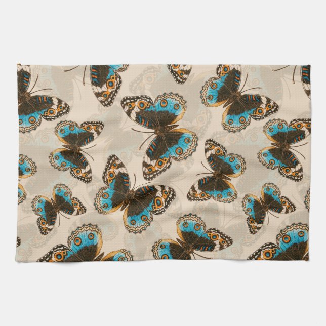 Blue Pansy Butterfly pattern on off white Kitchen Towel (Horizontal)