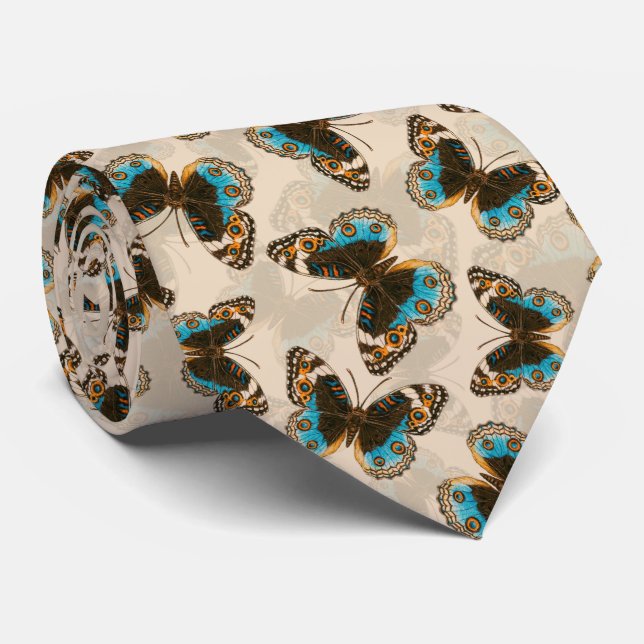Blue Pansy Butterfly pattern on off white Tie (Rolled)