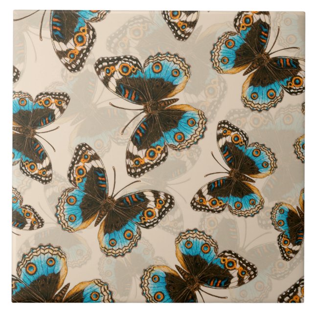 Blue Pansy Butterfly pattern on off white Tile (Front)