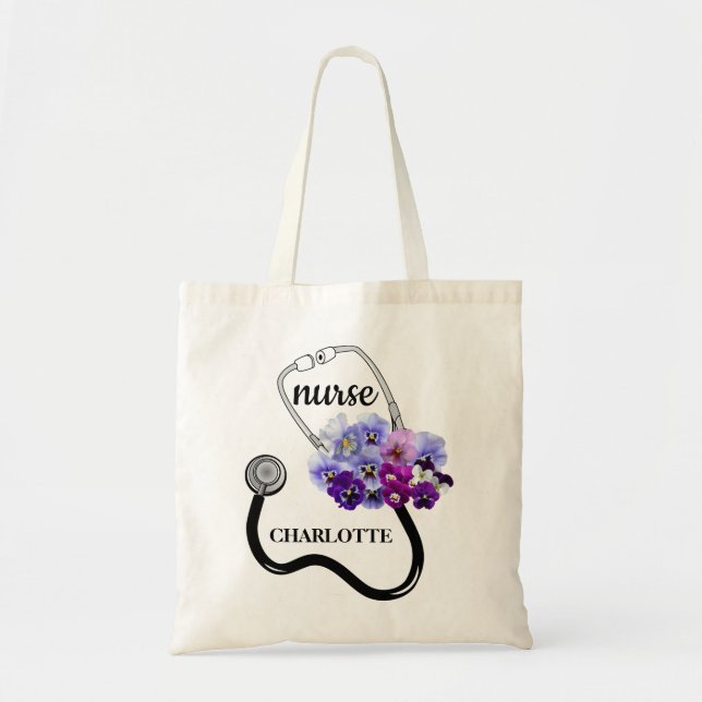Blue  Pansy Floral Stethoscope Nurse Tote Bag (Front)