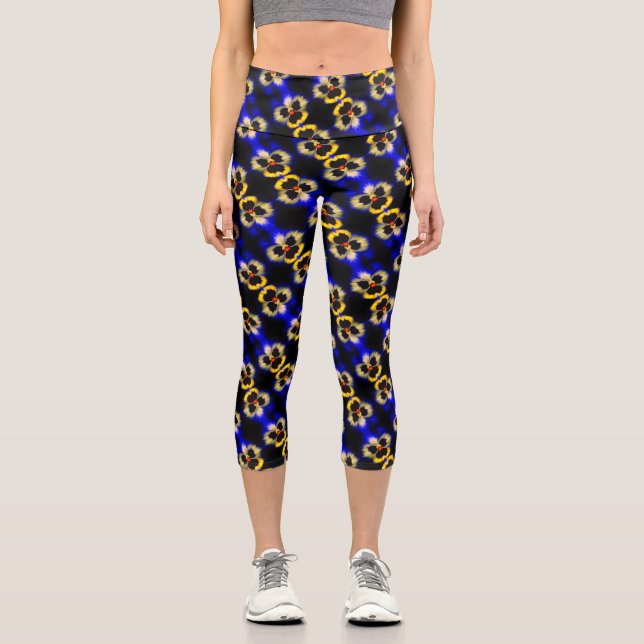 Blue Pansy Flower Abstract Pattern  Capri Leggings (Front)