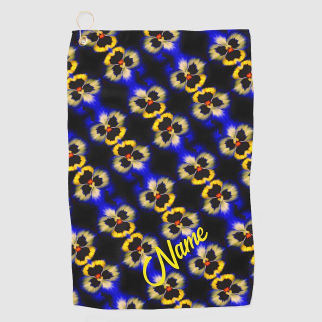 Blue Pansy Flower Abstract Pattern Personalized Golf Towel (Front)
