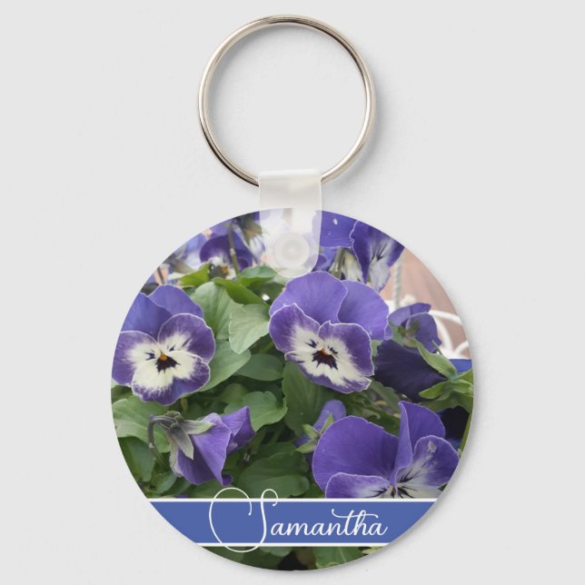 Blue Pansy Flower Floral Womans Name  Key Ring (Front)