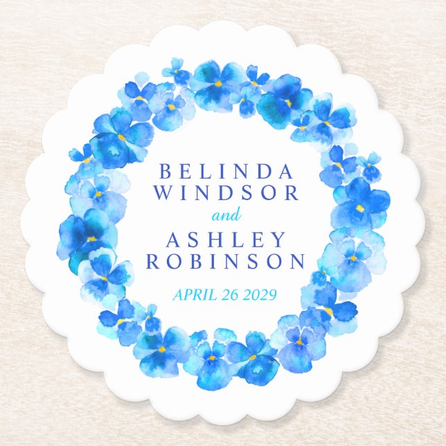 Blue pansy flower wreath watercolor art coasters (Front)