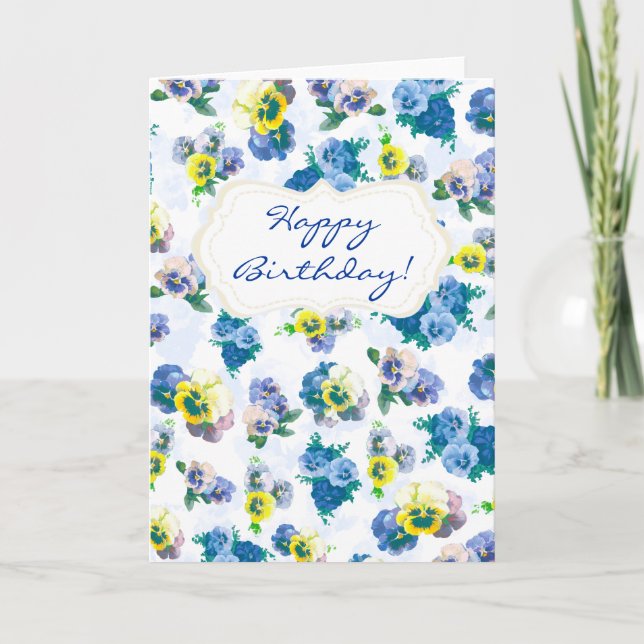Blue Pansy Flowers floral pattern Happy Birthday Card (Front)